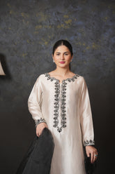 Elegant Off-White Embroidered Formal Kurta with Black Dupatta – 3-Piece Set - Brands Kahani